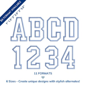 May include: White letters and numbers with a light blue outline are displayed on a white background. The letters are A, B, C, and D. The numbers are 1, 2, 3, and 4. Text at the top reads "BX FORMAT AVAILABLE" with sizes. Additional text includes "11 FORMATS" and "6 Sizes - Create unique designs with stylish alternates!"