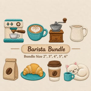 May include: An embroidery design set titled Barista Bundle with sizes 2", 3", 4", 5", 6". The set features a teal espresso machine, a latte with heart art, a brown coffee grinder, a white creamer, a coffee bag, a croissant, a cup, and a cat.