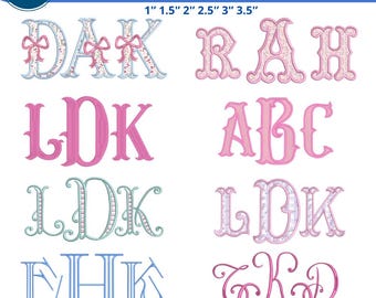 Pacote de fontes monogramadas com 8 designs, alfabeto aplique com laço, letras em formato de cauda de peixe e círculo mestre, formatos BX, PES, DST e JEF, conjunto completo para bordado.