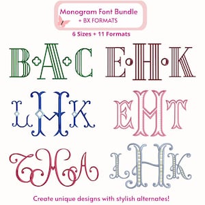 Può includere: Una collezione di font monogramma in vari stili e colori. L'immagine mostra diverse combinazioni di lettere, tra cui B, A, C, E, H e K, in diversi design. Il testo in alto recita "Monogram Font Bundle + BX FORMATS". Il testo in basso dice "Create unique designs with stylish alternates!"