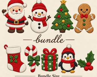 May include: A set of embroidered Christmas patches featuring Santa Claus, a snowman, a tree, a gingerbread man, a stocking, a candy cane, a gift, a penguin, and holly. Text reads bundle and Bundle Size 2, 3, 4, 5, 6 inches.