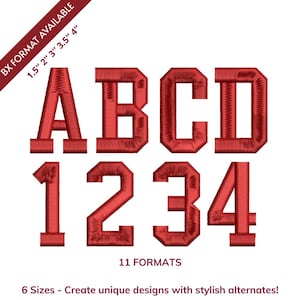May include: Red embroidered letters and numbers, including A, B, C, D, 1, 2, 3, and 4. The image also includes text that says "BX FORMAT AVAILABLE" with size options in inches, "11 FORMATS", and "6 Sizes - Create unique designs with stylish alternates!"