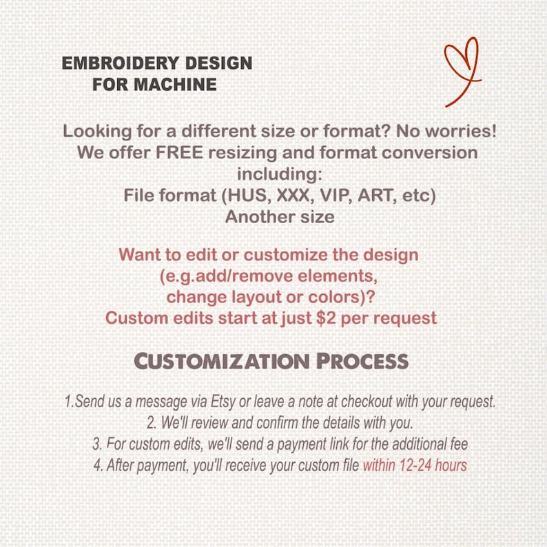 May include: Text-based image for embroidery design for machine. The image offers free resizing and format conversion, including file formats like HUS, XXX, VIP, and ART. Customization options are available, with edits starting at $2 per request. The customization process is outlined in four steps.