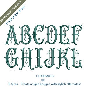 May include: An alphabet set in a teal color with ornate, decorative detailing. The letters A through L are displayed, with the text "BX FORMAT AVAILABLE" and size measurements. The text "11 FORMATS" and "6 Sizes - Create unique designs with stylish alternates!" are also included.