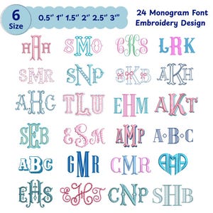May include: A collection of 24 monogram font embroidery designs in various styles and colors. The image includes the letters A through Z, with sizes ranging from 0.5" to 3". The text "24 Monogram Font Embroidery Design" is also present.