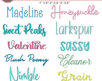 Pacote com 10 fontes de bordado à máquina, incluindo fontes para monogramas, diversos tamanhos e formatos, e embalagem BX.