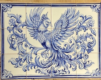 Tegelpaneel met Portugese Feniks – 12 handgeschilderde blauw-witte tegels, horizontale wanddecoratie