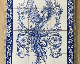 Portugees feniks tegelpaneel – 12 handgeschilderde blauw-witte azulejos wanddecoratie 45x60cm