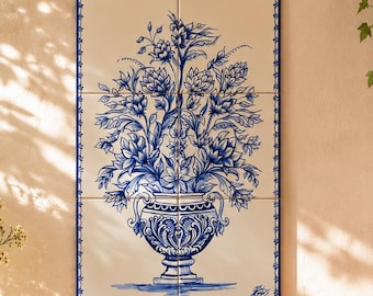 Engelse tegelwanddecoratie | Handgemaakt blauw-wit keramisch paneel | Bloemmotief tegeldecoratie | Mediterrane wanddecoratie | Portugees keramiek
