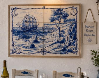 Tegelpaneel met Portugees zeilschip | 12 handgeschilderde tegels 60x45cm | Nautische wanddecoratie | Kustdecoratie | Blauw-witte keramische tegelmuurschildering