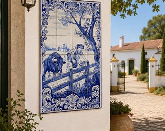Portugese wandtegels (24 stuks) | Traditioneel landelijk tafereel | Handgemaakte blauw-witte keramische muurschildering | Portugese wanddecoratie