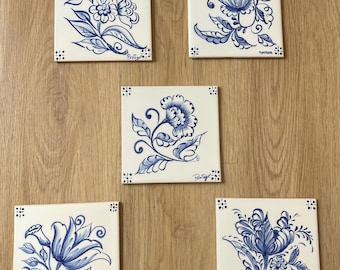 Collectie van 5 handbeschilderde tegeldecoraties – Portugese handbeschilderde tegels | Traditionele kunst | Unieke keramische wanddecoratie