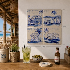 Azulejo pintado a mano de 15 x 15: Surf, coche clásico, rebanada de pan, tabla de surf y palmeras | Azulejo pintado a mano | Decoración de casa de playa | Arte mural costero