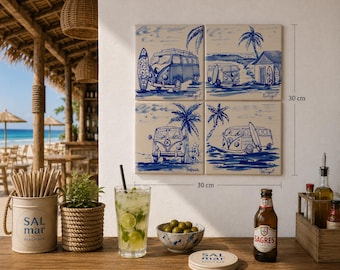 Handbeschilderde tegel 15x15 – Surf, vintage auto, boterham, surfplank en palmbomen | Handbeschilderde tegel | Decoratie strandhuis | Kustmuurkunst