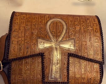 Hand-Painted Leather Crossbody Bag – Egyptian Ankh Tribal Art Purse