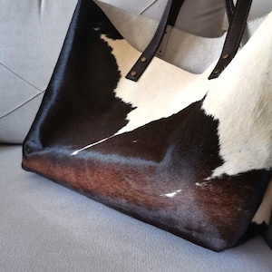 Genuine Hair-On Cowhide Tote Bag: Handmade Natural Leather Shoulder Bag