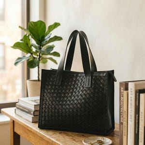 Woven Leather Tote Bag, Handcrafted Braided Handbag, Large Retro Leather Daily Bag, French Style Shoulder Tote, Zip Closure, Genuine Leather