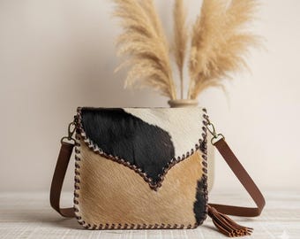Unique Hair-On Cowhide Crossbody Bag – Handmade Leather Shoulder Purse with Charm