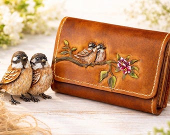 Echtes Damenleder Portemonnaie handgefertigt - künstlerische handbemalte geschnitzte Geldbörse, zeitlose Clutch