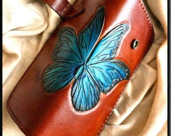 Handtooled Leather Wallet, Hand Carved Blue Butterfly Purse, Western Tooled Leather Clutch, Genuine Cowhide Wallet, Gift for Her