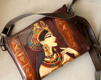 Handbemalte Ledertasche: Pharaonin Königin Ägyptische Geldbörse
