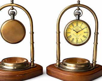 Horloge de bureau gravée personnalisée, style victorien, horloge de bureau nautique avec boussole, support en bois, horloge personnalisée, décoration de table vintage, Timepeic
