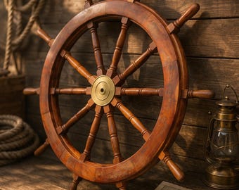 Gran timón de barco de madera hecho a mano para decoración de pared marítima, timón con centro de latón