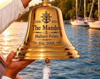 Sino de navio personalizado em latão maciço, decoração náutica gravada sob medida, sino de parede artesanal para bote.