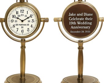 Reloj de escritorio de latón personalizado: recuerdo grabado del 19.º aniversario, decoración vintage para la oficina.