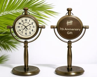 Reloj de escritorio personalizado para el séptimo aniversario, de latón antiguo grabado, regalo tradicional, regalo romántico para esposo, esposa o novio.