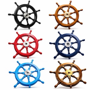 May include: Six decorative ship wheels in various colors: black, brown, red, navy blue, light blue, and gold. Each wheel has eight spokes and a central hub. The wheels are made of wood and metal, and are suitable for nautical decor.