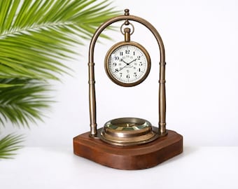 Engerved Desk Clock Victorian Style Nautical Desk Clock With Compass Wood Stand Personalized Clock Vintage Decor Table Timepeice Gift For