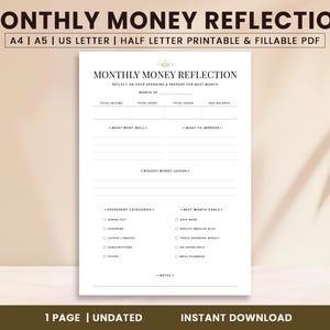 Monthly Money Reflection | Monthly Finance Review | Budget Reflection Worksheet | Printable PDF | Financial Planner