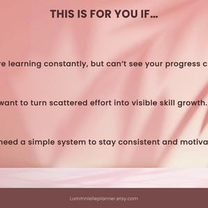 Pu&ograve; includere: Uno sfondo rosa con testo che recita "THIS IS FOR YOU IF..." seguito da tre punti elenco. I punti elenco recitano: "Stai imparando costantemente...", "Vuoi trasformare lo sforzo disperso..." e "Hai bisogno di un sistema semplice..."