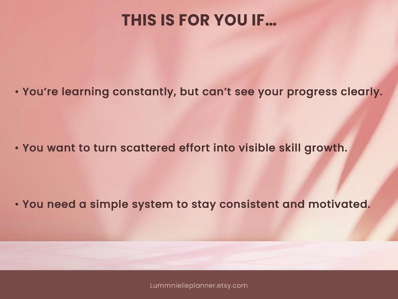 Pu&ograve; includere: Uno sfondo rosa con testo che recita "THIS IS FOR YOU IF..." seguito da tre punti elenco. I punti elenco recitano: "Stai imparando costantemente...", "Vuoi trasformare lo sforzo disperso..." e "Hai bisogno di un sistema semplice..."