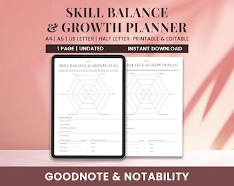 Modello di piano di crescita e bilanciamento delle competenze / Valutazione delle competenze con grafico radar / Foglio di lavoro sulle competenze compilabile / Piano d'azione per lo sviluppo della carriera digitale