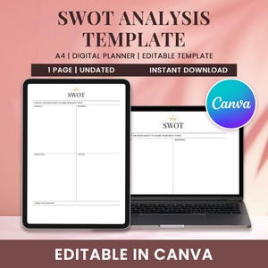 May include: A digital SWOT analysis template on a tablet and laptop. The template is white with a gold crown logo and the word "SWOT" at the top. The image includes the text "SWOT ANALYSIS TEMPLATE" and "EDITABLE IN CANVA".