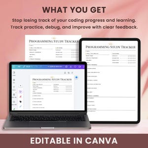 Editable programming study tracker Canva template, coding planner shown on laptop and tablet for digital use