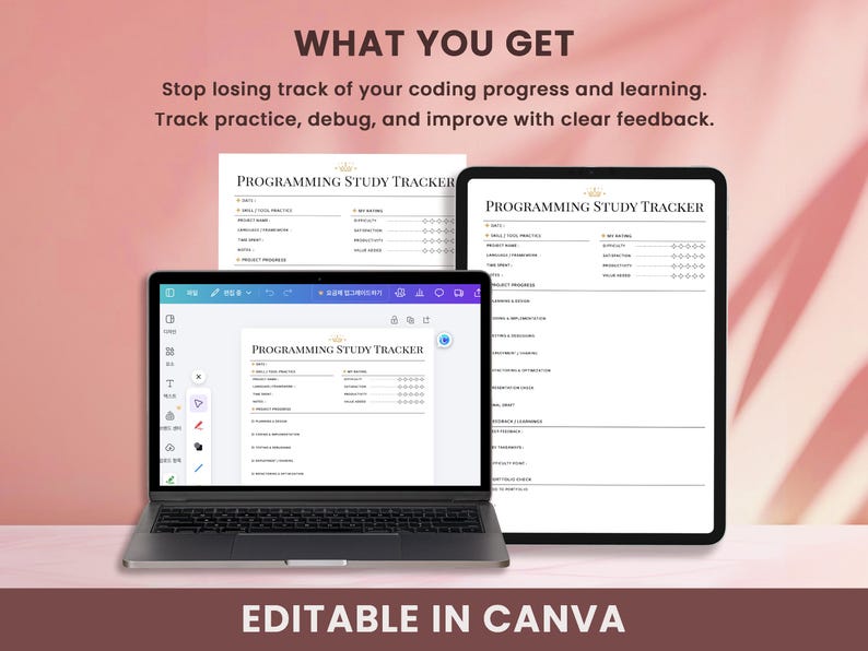 Editable programming study tracker Canva template, coding planner shown on laptop and tablet for digital use