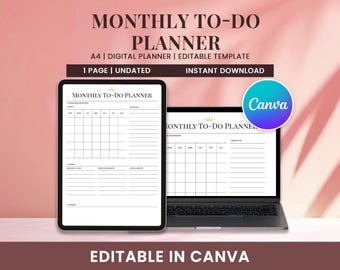 Monatlicher To-do-Planer Canva | Bearbeitbarer monatlicher Projekt-Tracker | -Produktivitätsplaner, Aufgaben-Manager, monatlicher Ziele-Setter