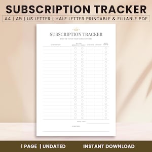 Subscription Tracker | Subscription Planner | Bill Subscription Tracker | Printable Subscription Log | PDF | Digital Download