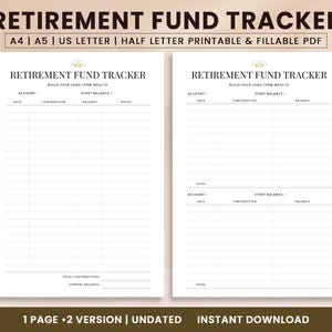 Retirement Fund Tracker | Retirement Savings Tracker | Retirement Planner PDF | Printable | Editable | Finance Planner | Digital Download