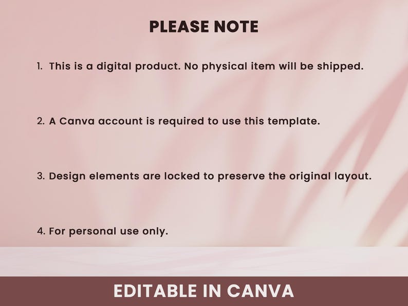 Digital product notice, Canva template usage requirements and personal use policy for downloadable planner