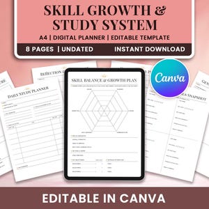 Może przedstawiać: Cyfrowy planer zatytułowany "Skill Growth & Study System" z tekstem "A4 | Planer cyfrowy | Edytowalny szablon". Obraz przedstawia tablet z kilkoma stronami, w tym codziennym planem nauki i planem równowagi umiejętności. Widoczny jest również tekst "Editable in Canva".