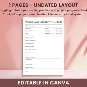 Programming study tracker layout, coding practice tracker template to track skills, projects, and progress
