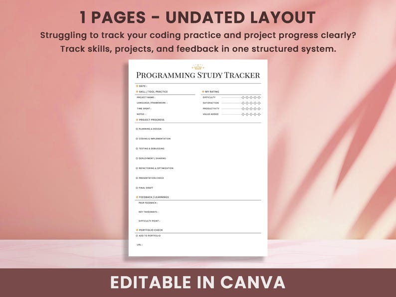 Programming study tracker layout, coding practice tracker template to track skills, projects, and progress