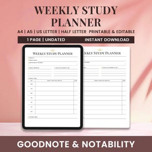 May include: A digital weekly study planner displayed on a tablet and a printed page. The planner includes sections for weekly goals, priorities, and a daily schedule. Text at the top reads "WEEKLY STUDY PLANNER". The background is a gradient of pink and white.
