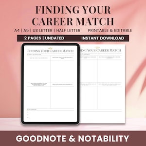 Op de afbeelding: Een digitale planner getiteld "Finding Your Career Match" weergegeven op een tablet en een afgedrukte pagina. De planner is ontworpen voor loopbaanbeoordeling en zelfreflectie. De tekst bevat "Printable & Editable" en "Instant Download."