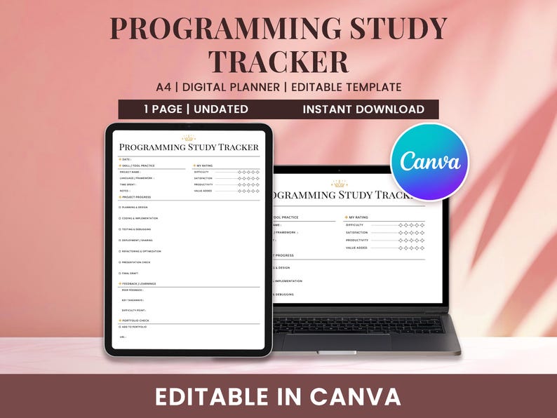 Programming study tracker Canva template, digital planner for coding practice, instant download editable file