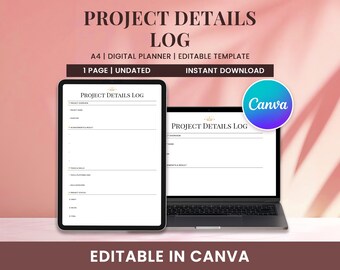 Projektdetails Log Canvas | Bearbeitbares Projektmanagement-Blatt | Career Portfolio Tracker, Arbeitsleistungslogbuch, Professional